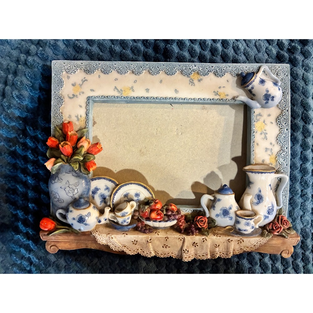 Tea Time Picture Frame Blue White Porcelain Motif